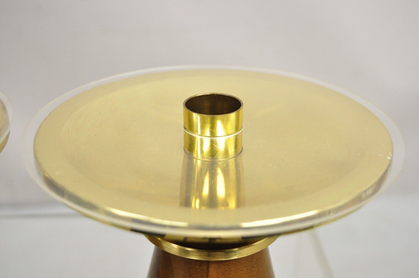 Vintage Mid Century Modern Tommi Parzinger Style Teak & Brass Candlestick - Pair