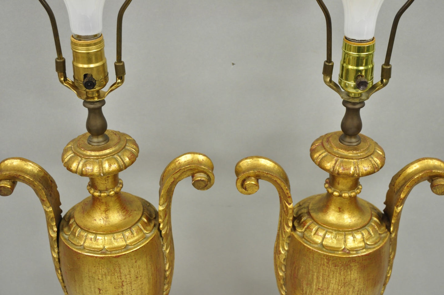 Vintage Italian Hollywood Regency Gold Giltwood Urn Form Table Lamps - a Pair