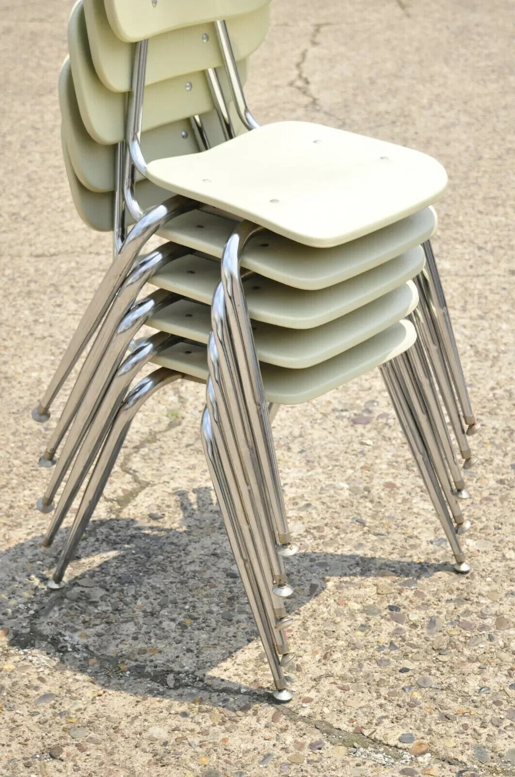 Vintage Molded Plastic Chrome Metal Base Stacking School Side Chairs - Set of 4