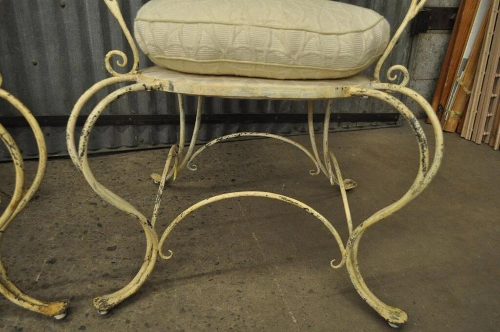 Vintage French Country Wrought Iron Lattice Scrolling Arm Chairs (B) - Pair