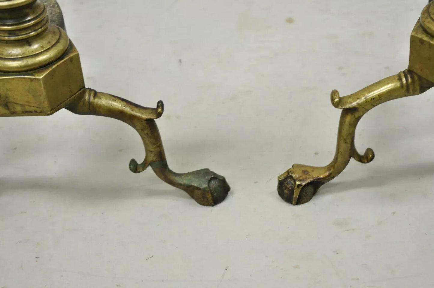 Antique Federal Faceted Brass Cannonball Branch Foot Cast Iron Andirons - a Pair