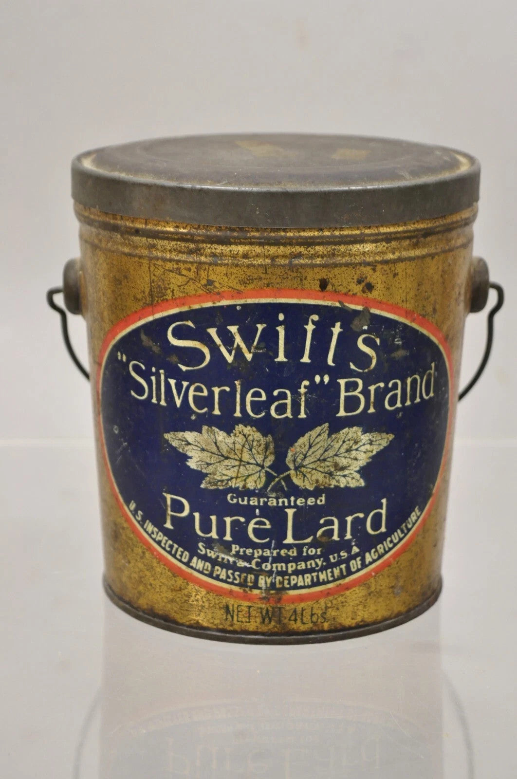Vintage Swifts Silverleaf Brand Pure Lard 4 lbs. Tin Can Pail Advertisement
