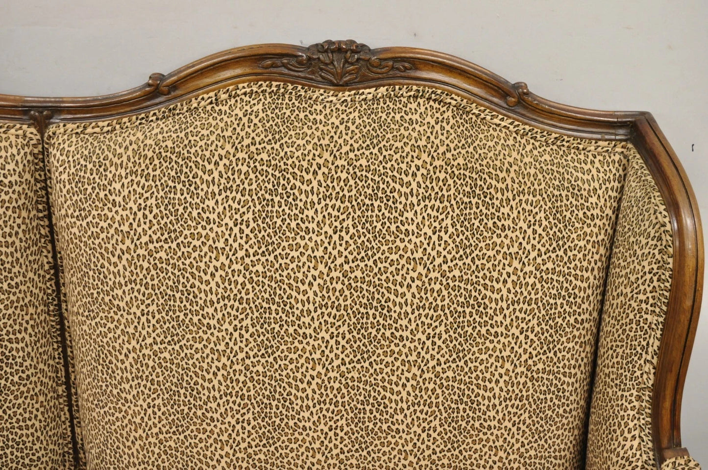 Vintage French Country Louis XV Carved Walnut Cheetah Print Wingback Sofa Settee