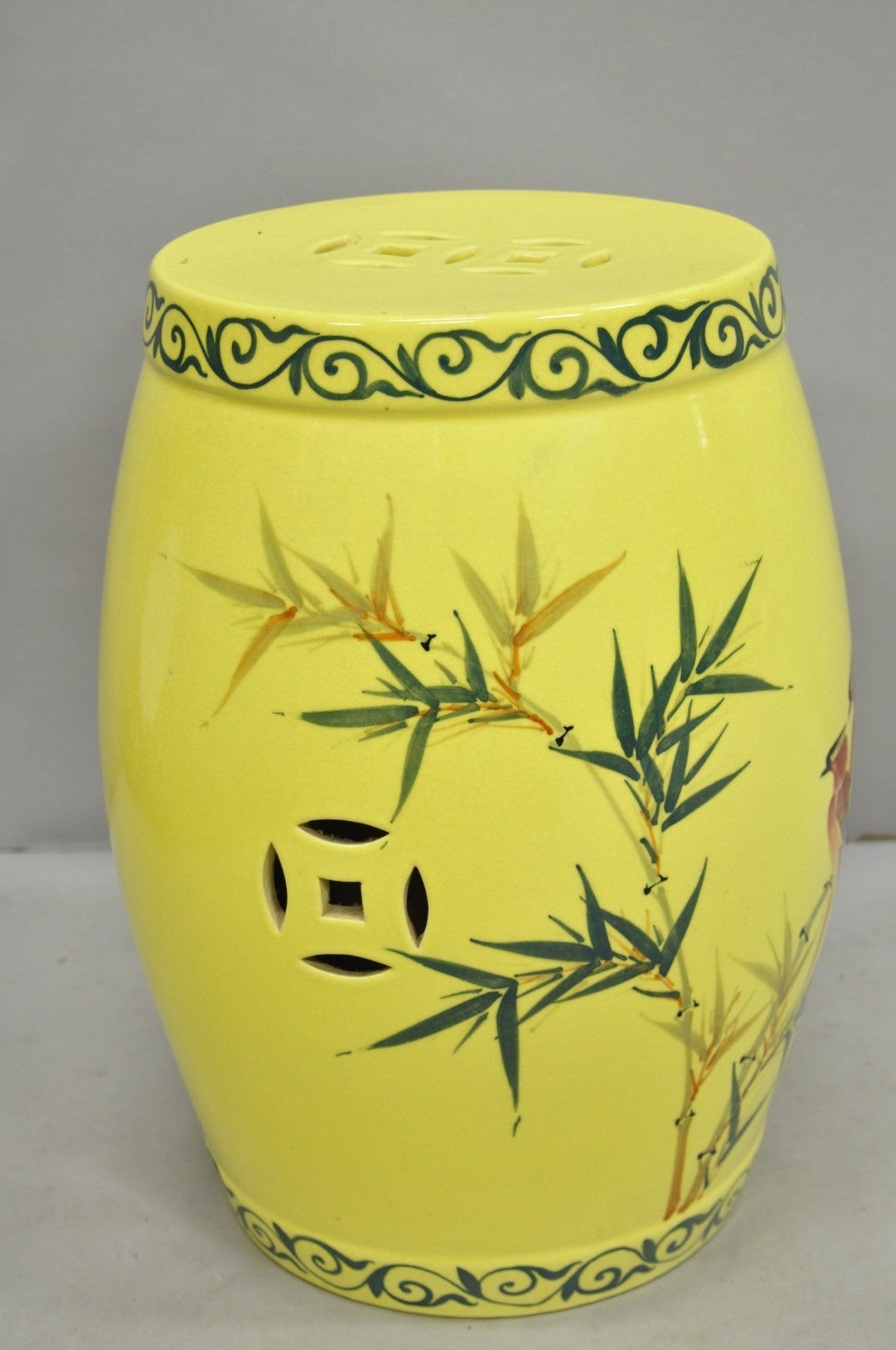 Vintage Chinese Chinoiserie Yellow Porcelain Ceramic Garden Seat w Painted Birds