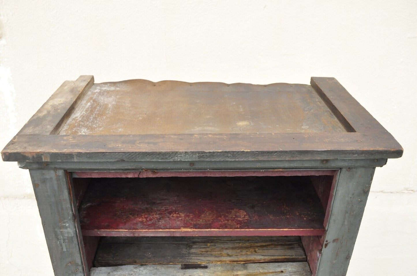 Antique American Primitive Blue Green Distressed Painted Tall Kitchen Cupboard