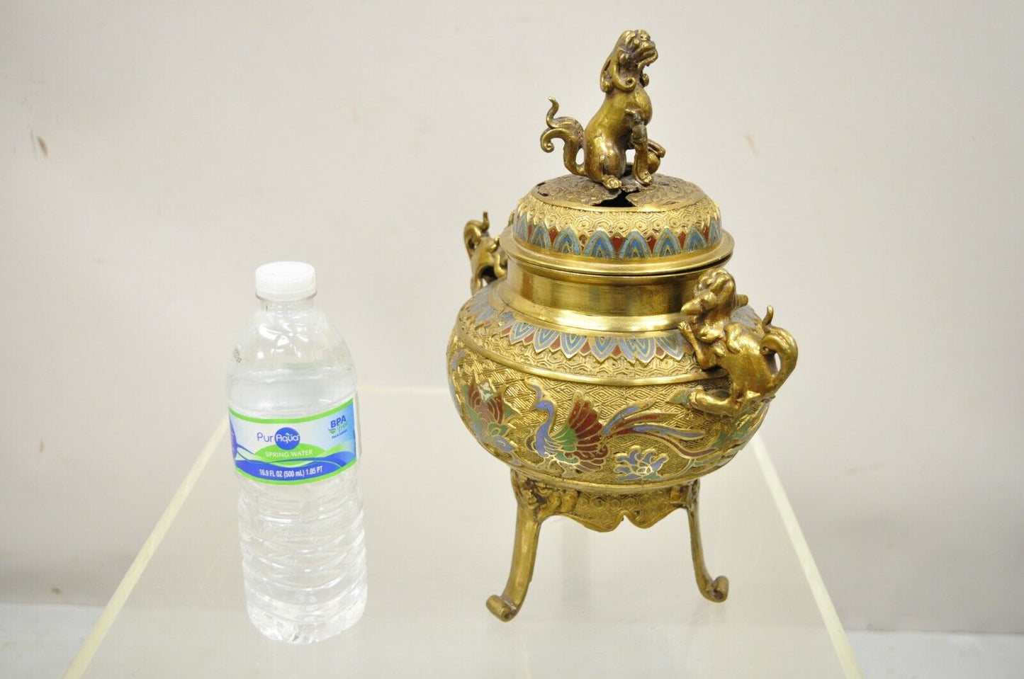 Vintage Japanese Cloisonne Enamel Champleve Bronze Foo Dog Incense Burner