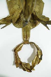 19th C French Bronze Acanthus Candle Holder Wall Sconce Coat of Arms Lion Shield