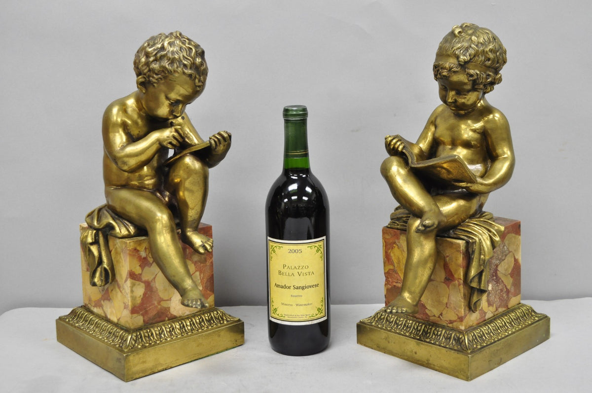Antique French Louis XV Bronze Putti Children "Arts & Literature" Figures - Pair