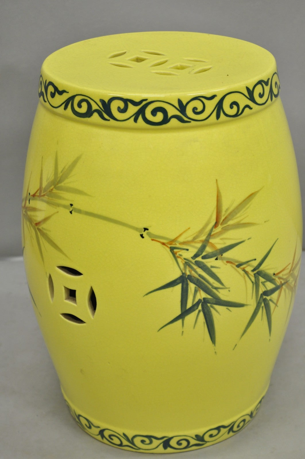 Vintage Chinese Chinoiserie Yellow Porcelain Ceramic Garden Seat w Painted Birds
