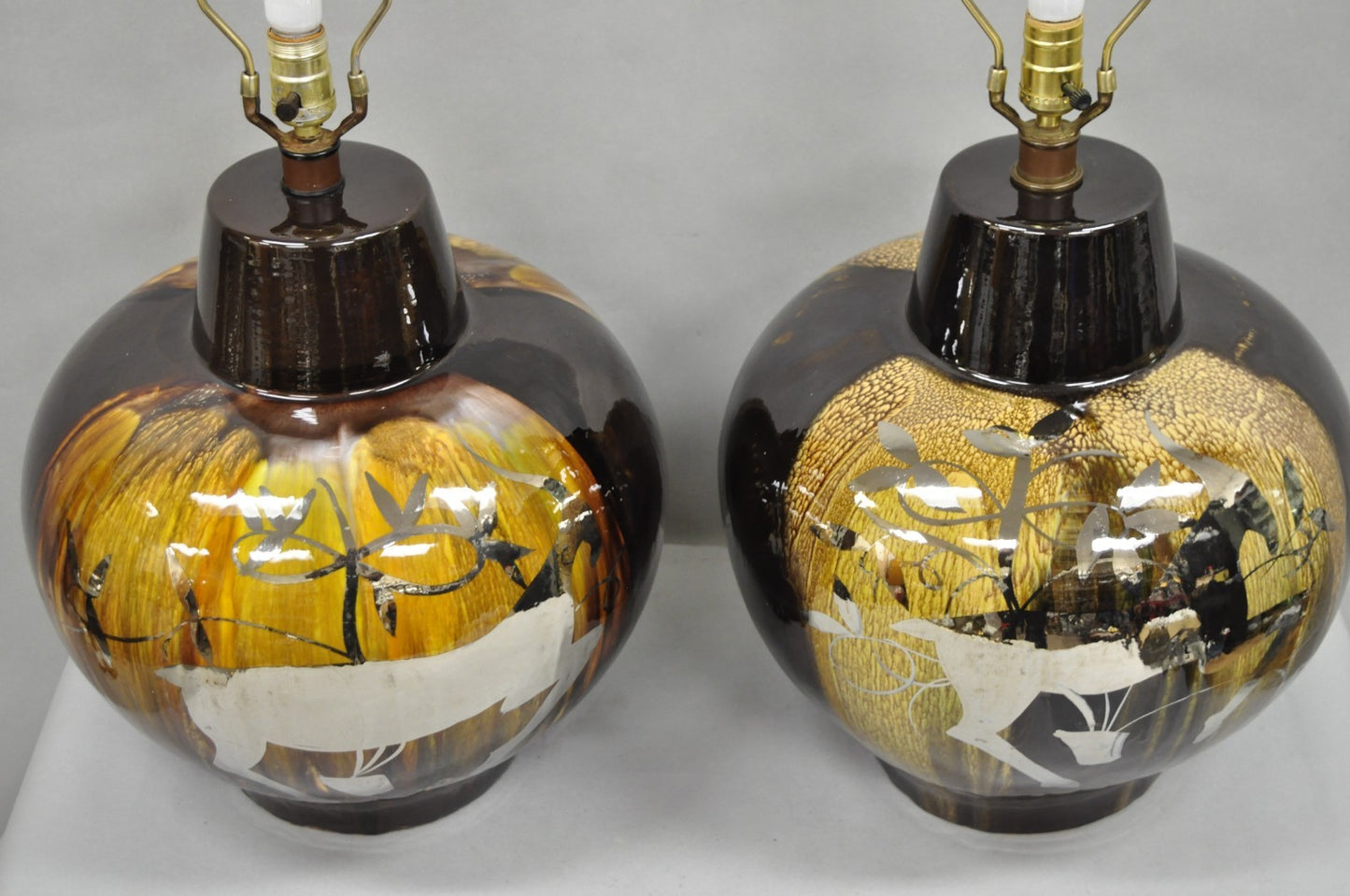 Mid Century Modern Sunset Cosco Ram Brown Drip Glaze Pottery Table Lamps Pair B