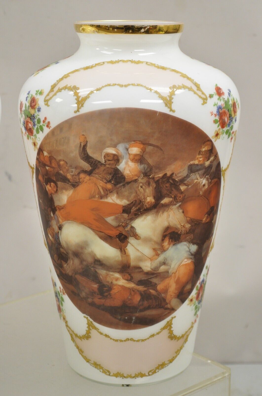 Vintage French Style Large White Blown Glass Transfer Scene Jar Vases - a Pair