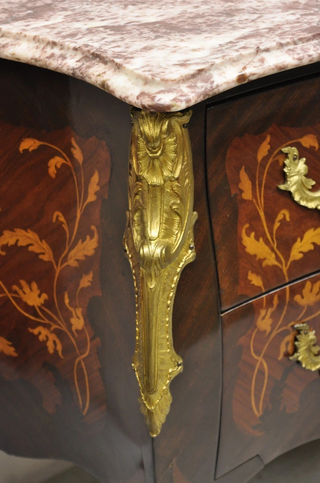 French Louis XV Style Marble Top Marquetry Inlay & Bronze Bombe Commode Dresser