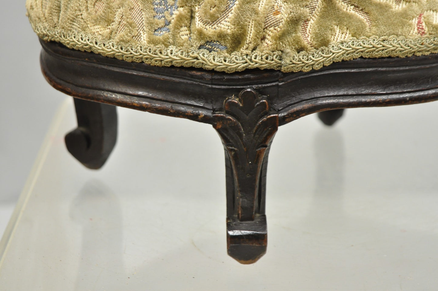 Antique French Country Provincial Oval Carved Walnut Petite Footstool Ottoman