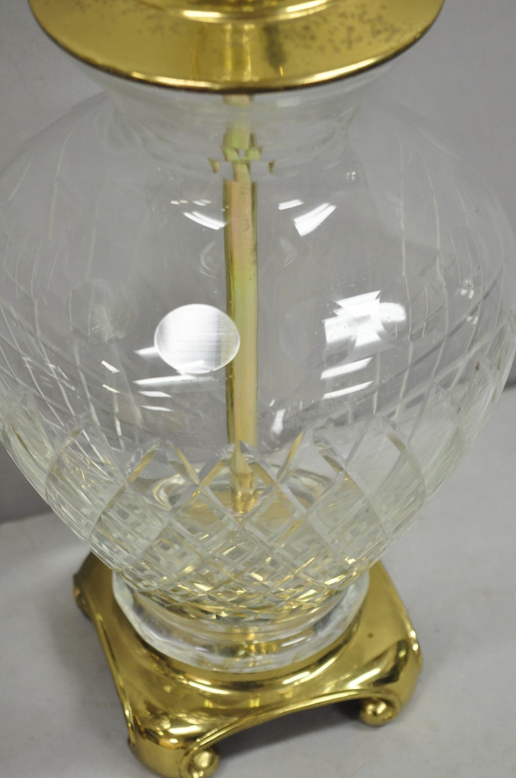 Vintagte Chinoiserie Diamond Crystal Glass Ginger Jar Brass Table Lamps - a Pair