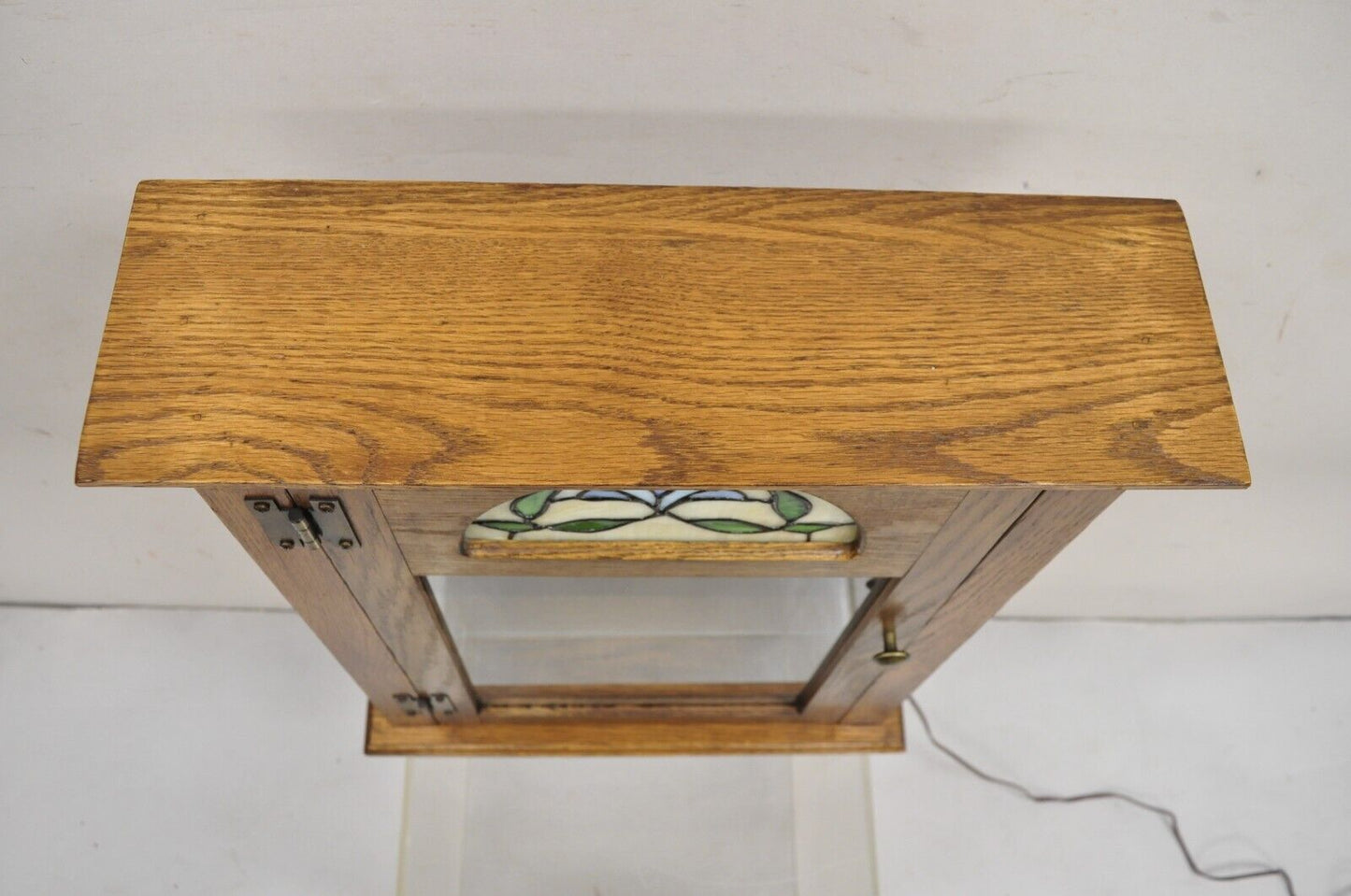 Vintage Victorian Style Oak Wood & Stained Glass Small Display Curio Cabinet