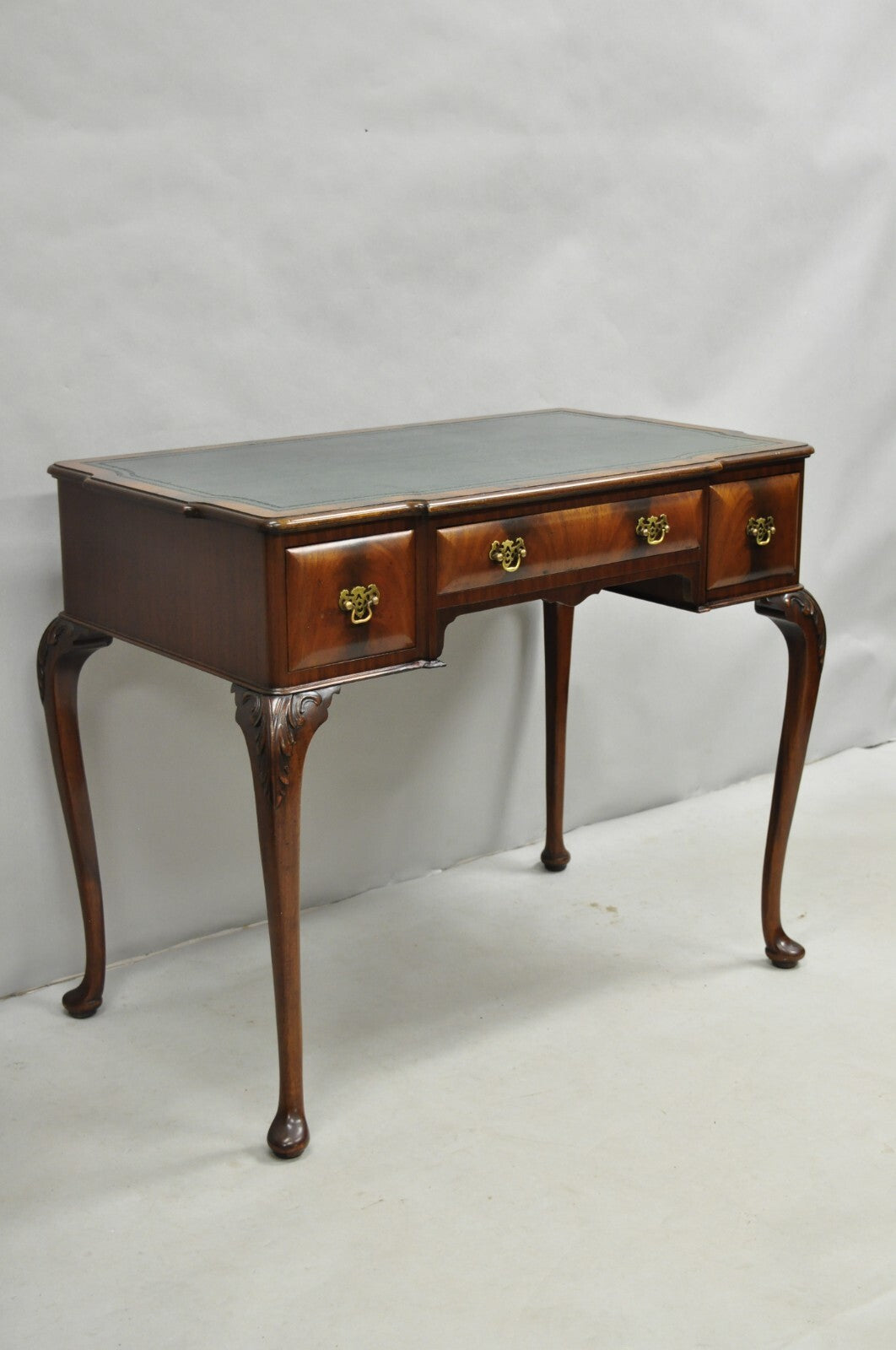 Antique English Georgian Crotch Mahogany Green Leather Top Small Writing Desk