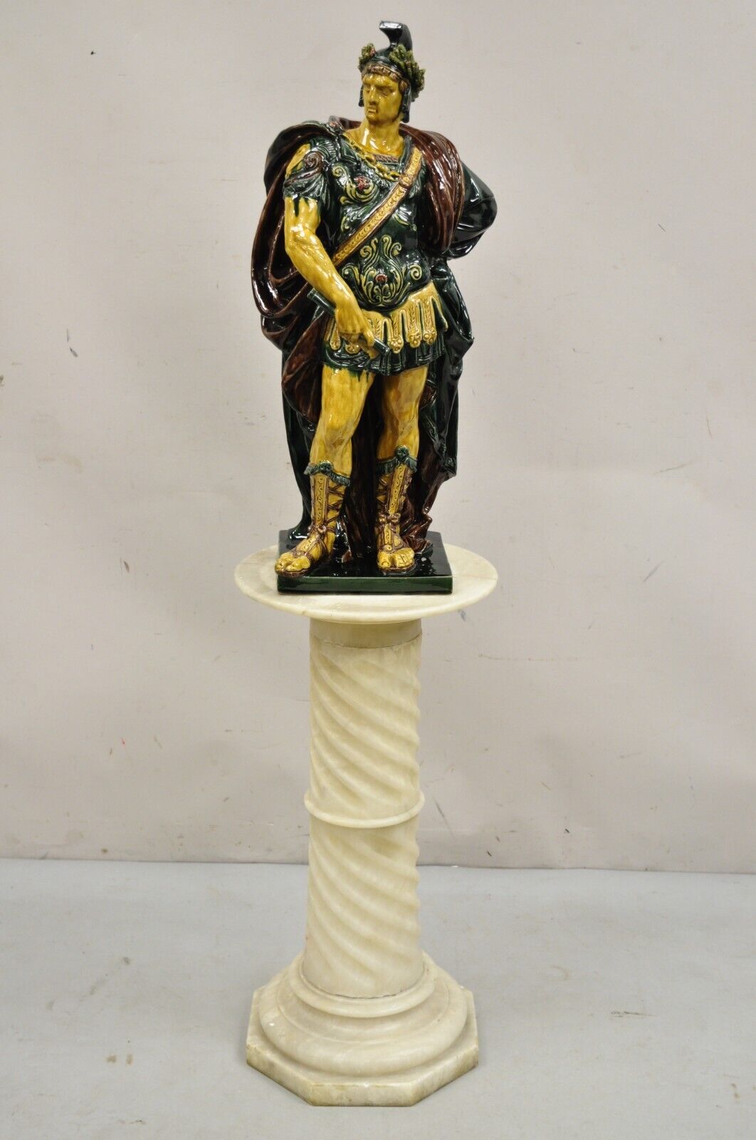 Antique Italian Classical Alabaster Marble Spiral Column 28" Short Pedestal