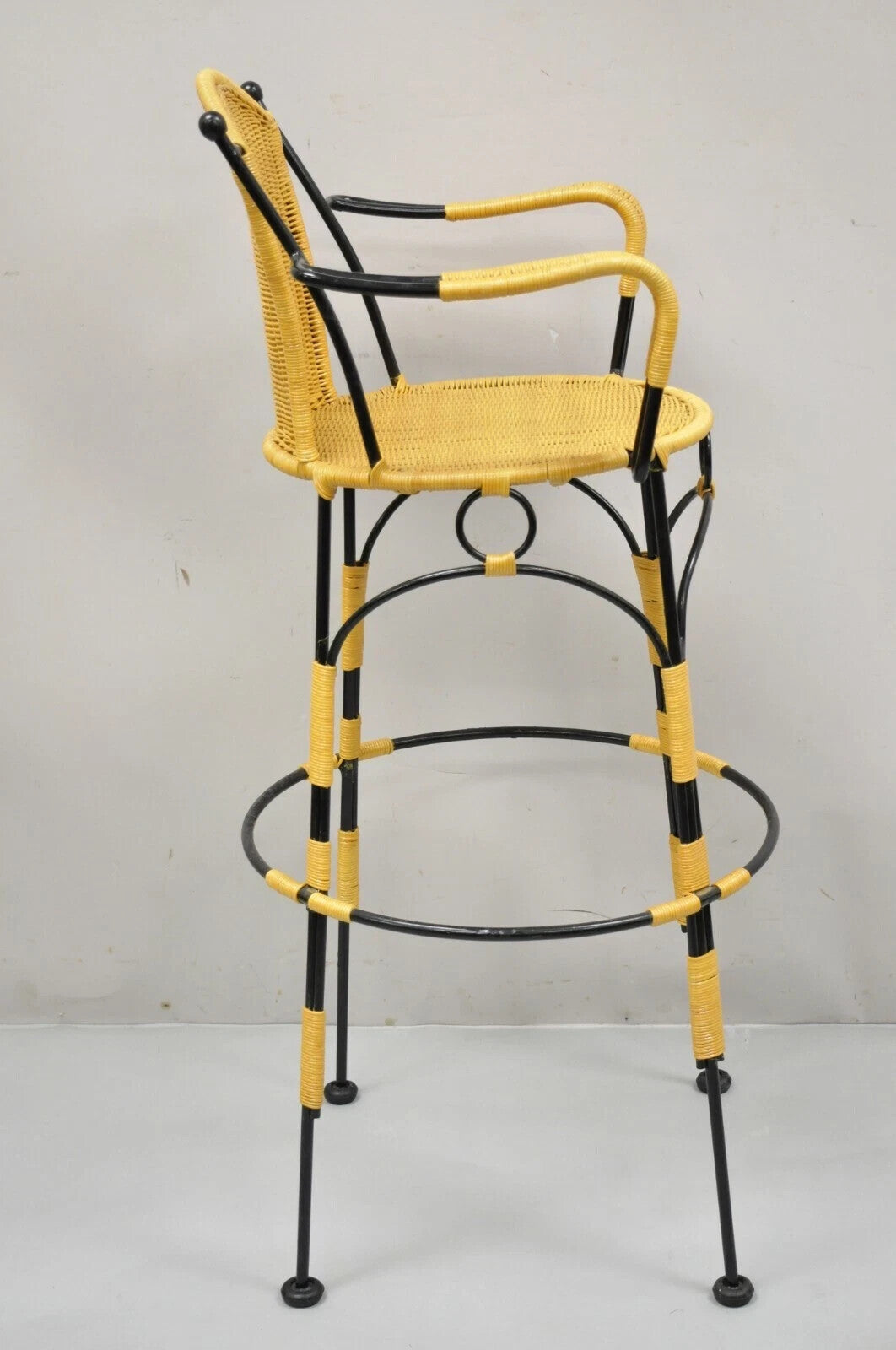 French Country Wrought Iron Woven Vinyl Rattan Bar Stools With Arms - Set of 4