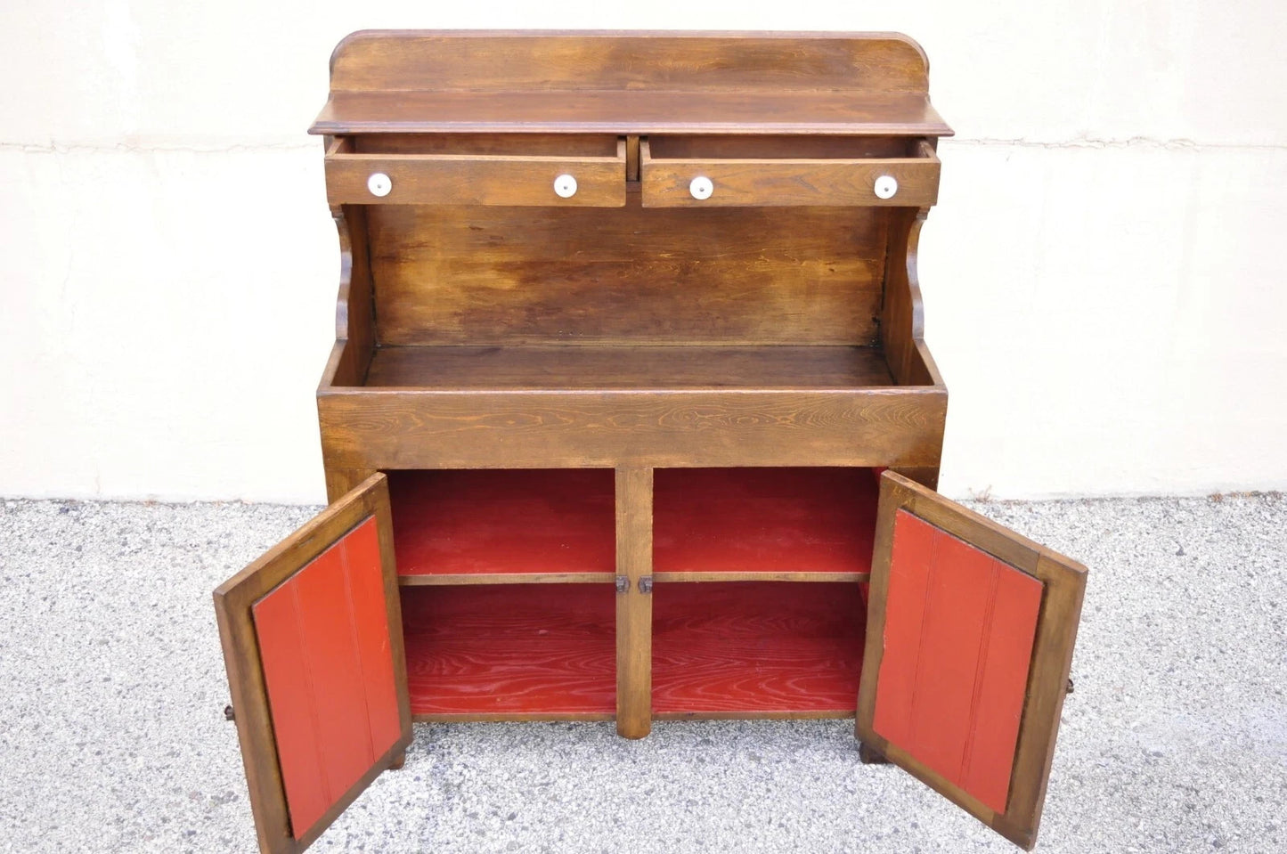 Antique American Colonial Primitive Pine Wood Stepback Drysink Hutch Cupboard