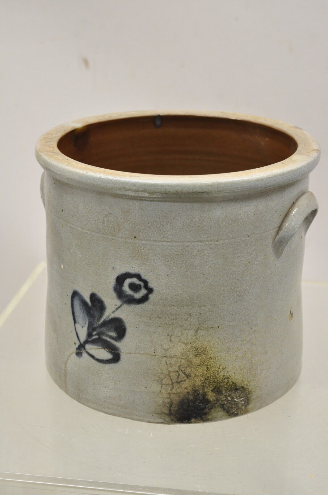 Antique Stoneware Salt Glazed 9" Round Pottery Crock Pot with Blue Flower