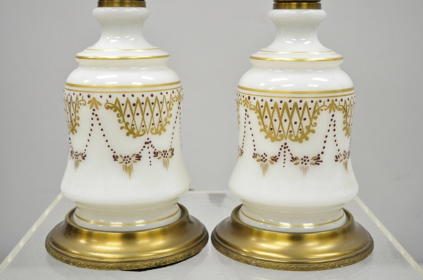 Vintage French Neoclassical Gold Gilt White Porcelain Column Table Lamps - Pair