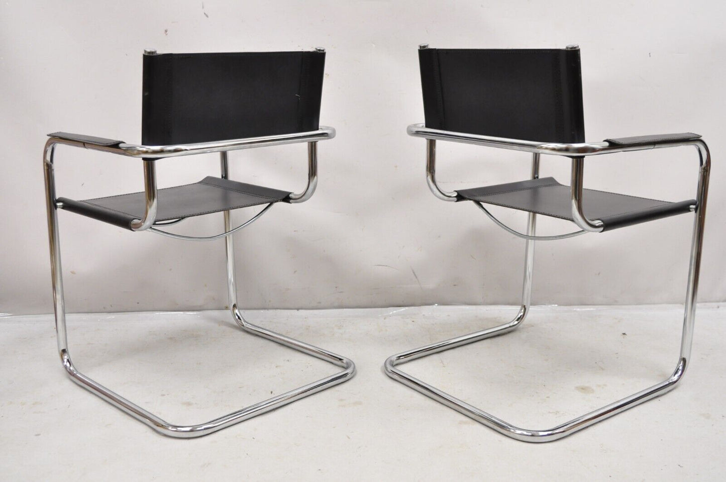 Vtg Italian Model S34 Arm Chair after Mart Stam for Cesca Black Leather - Pair