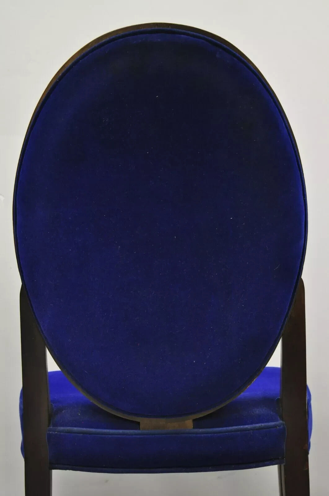 French Art Deco Oval Upholstered Back Mahogany Frame Blue Dining Chairs - a Pair