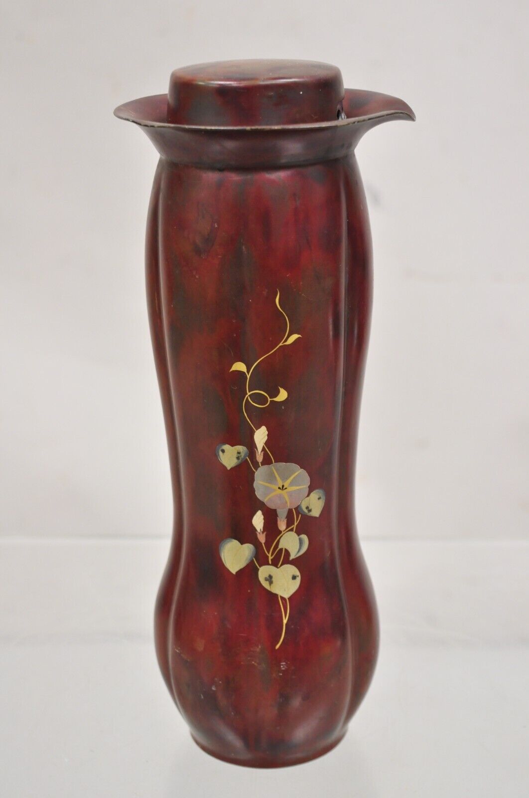 Vintage Occupied Japan Bronze Metal Red Lacquered Bulbous Pitcher by Marumi