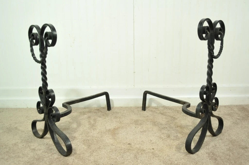 Antique Arts & Crafts Art Nouveau Black Wrought Iron Scrolling Andirons - a Pair