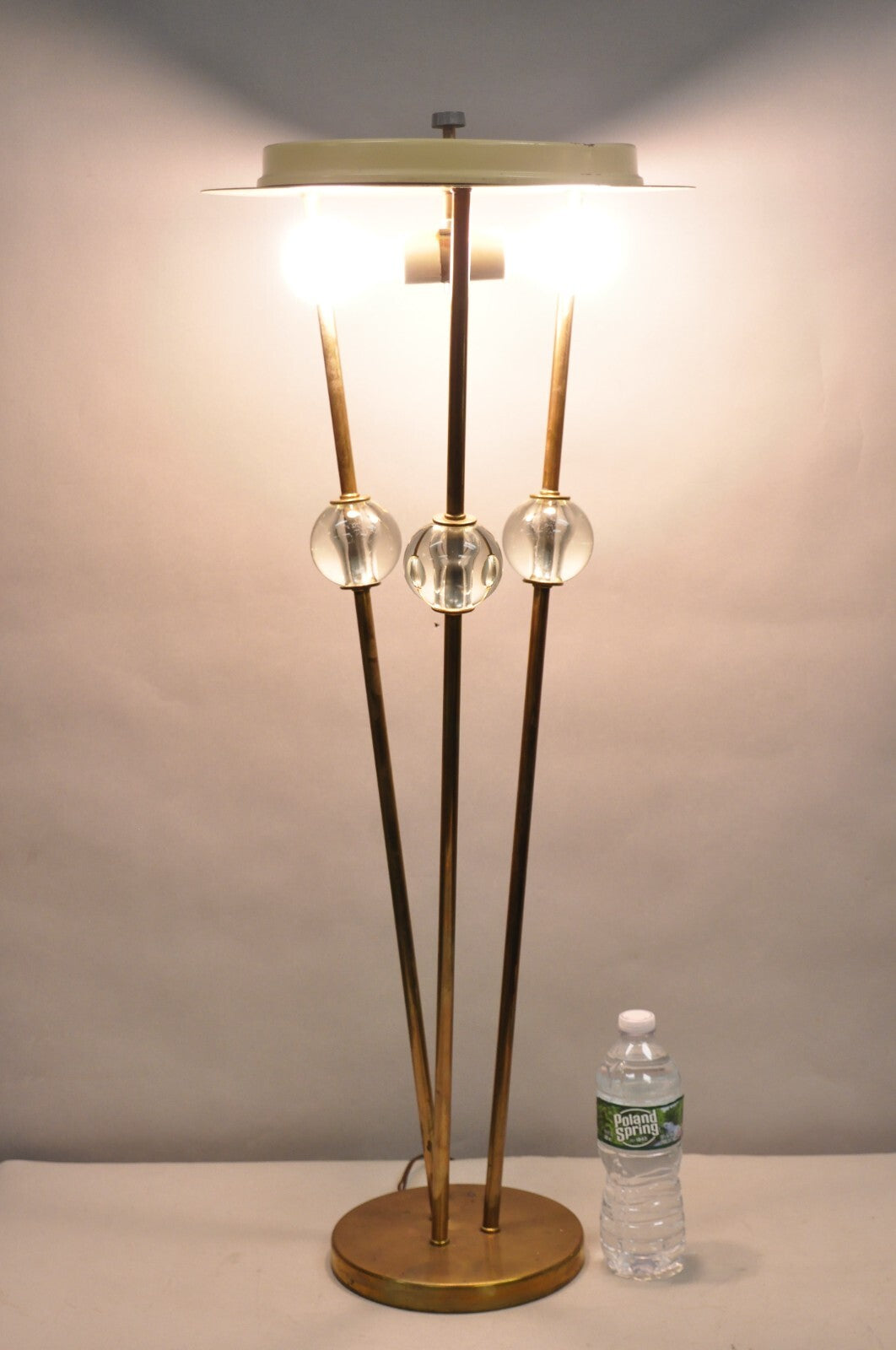 Vintage Mid Century Italian Modern Brass and Glass Sphere Tripod Tall Table Lamp