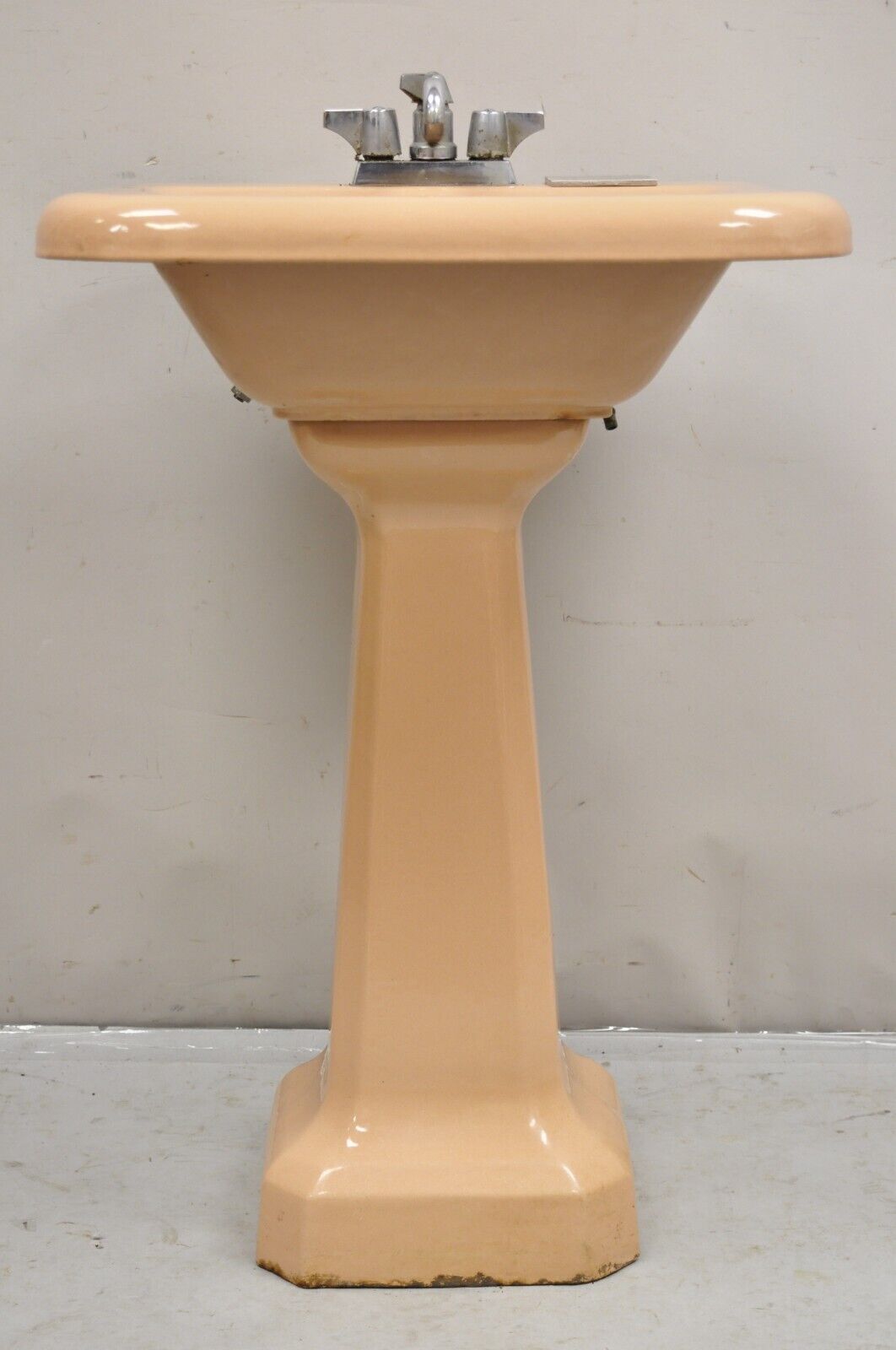 Vintage Mid Century Porcelain Enamel Salmon Pink Bathroom Pedestal Sink