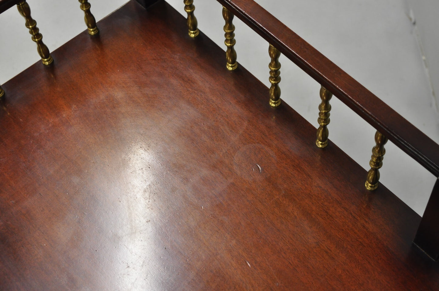 Vintage French Regency Mahogany 2 Tier Brass Gallery Rolling Bar Cart Server
