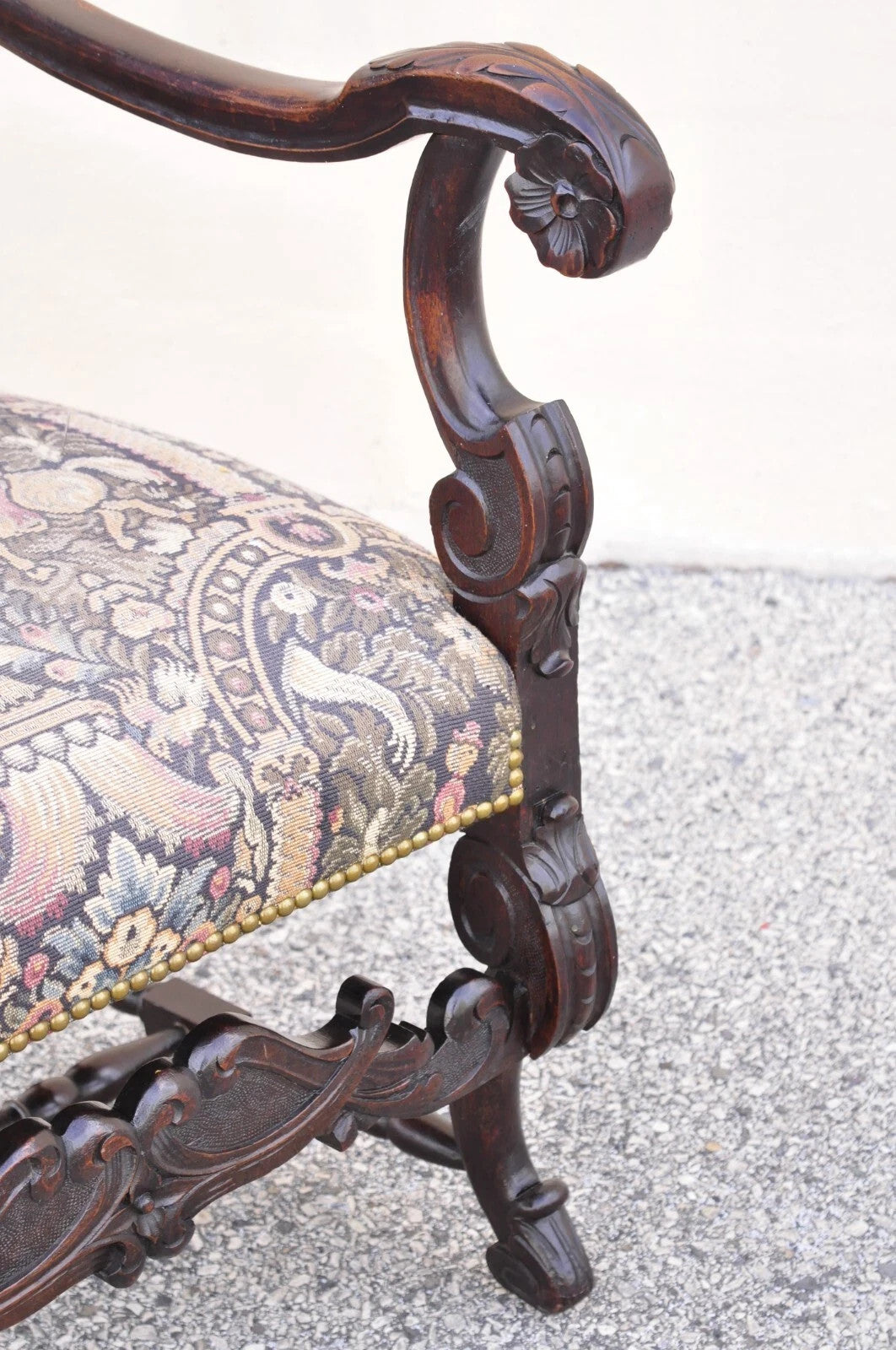 Antique Italian Renaissance Baroque Tapestry Carved Walnut Throne Arm Chair