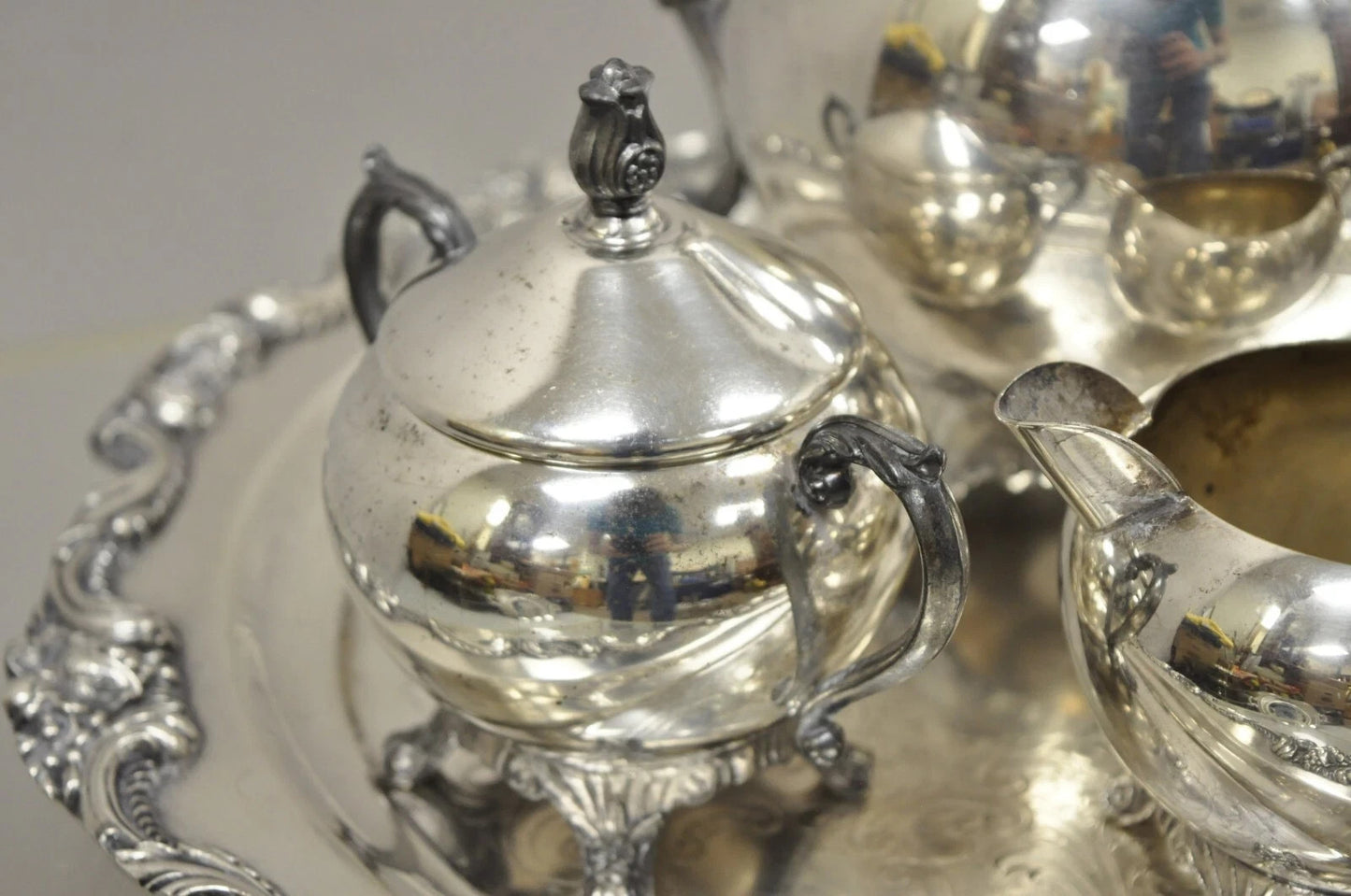 Vintage FB Rogers Silver Plated Tea Set w/ Amston Round Serving Tray - 4 Pc Set