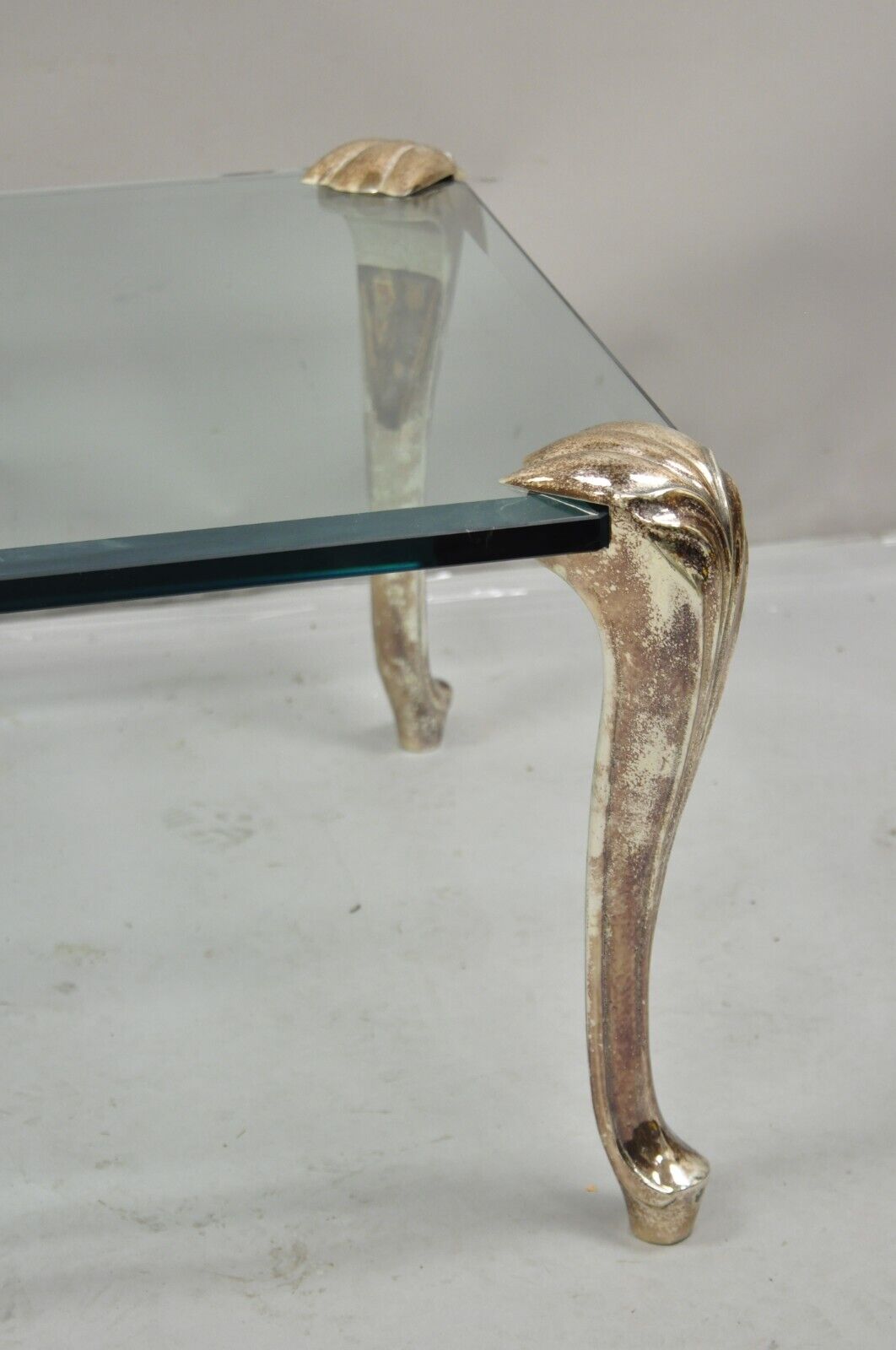 Vintage French Hollywood Regency Beveled Glass Bronze Cabriole Leg Coffee Table