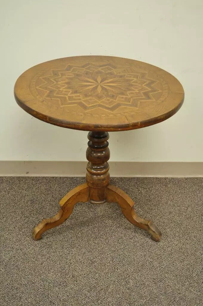 19th C Antique Italian Sorrentino Parquetry Inlaid Round Pedestal Center Table