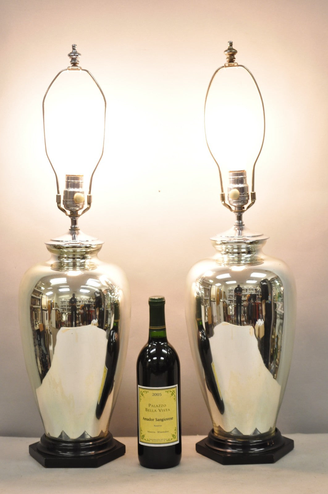 Vintage Mid Century Modern Silver Mercury Glass Jardiniere Vase Table Lamps Pair