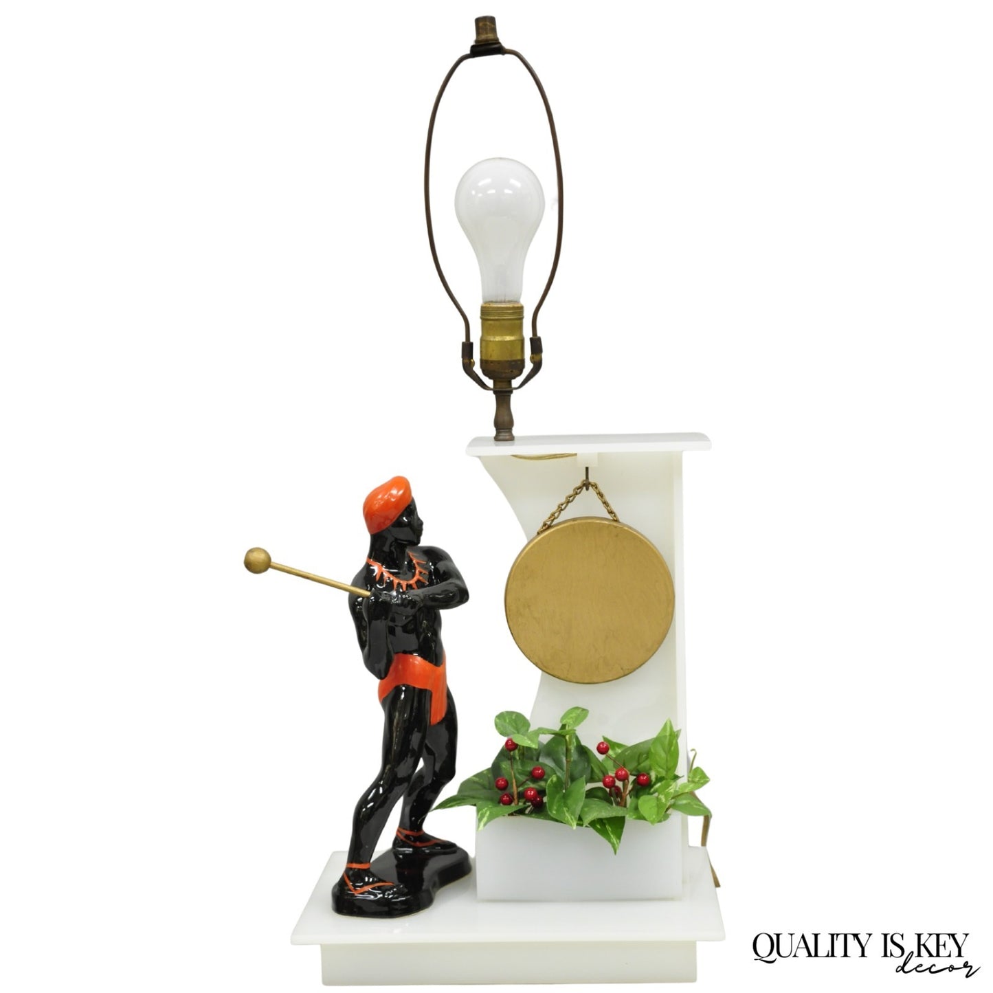 Vintage Mid Century Modern Figural African Black Male w/ Gong Acrylic Table Lamp
