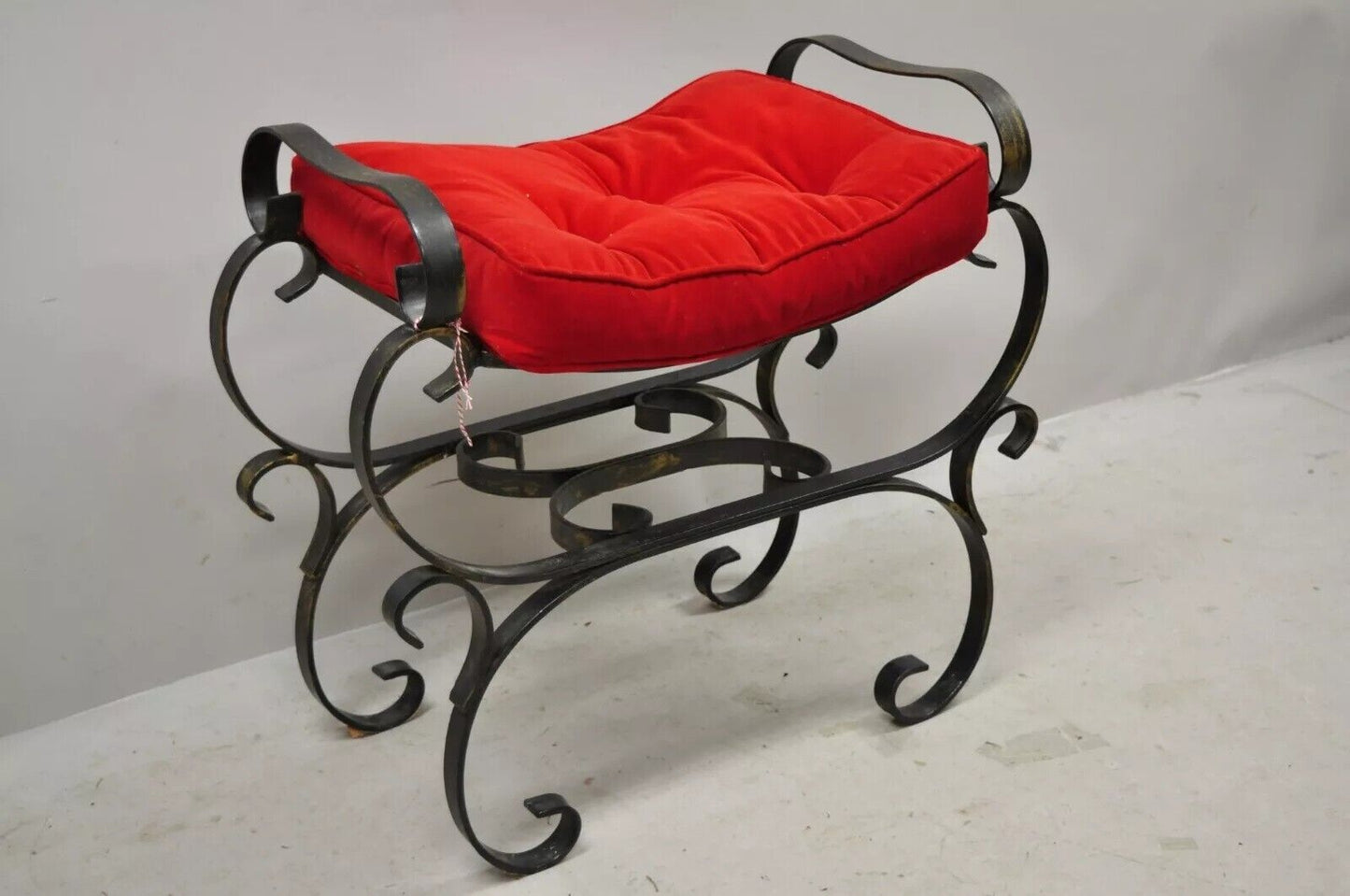 Vintage Gothic Italian Hollywood Regency Black Wrought Iron Curule Vanity Bench