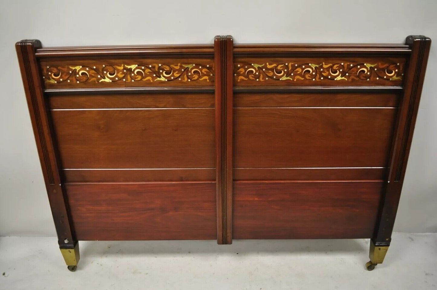 Herts Brothers Edwardian Mahogany Brass Satinwood Inlay Queen Bed Headboard
