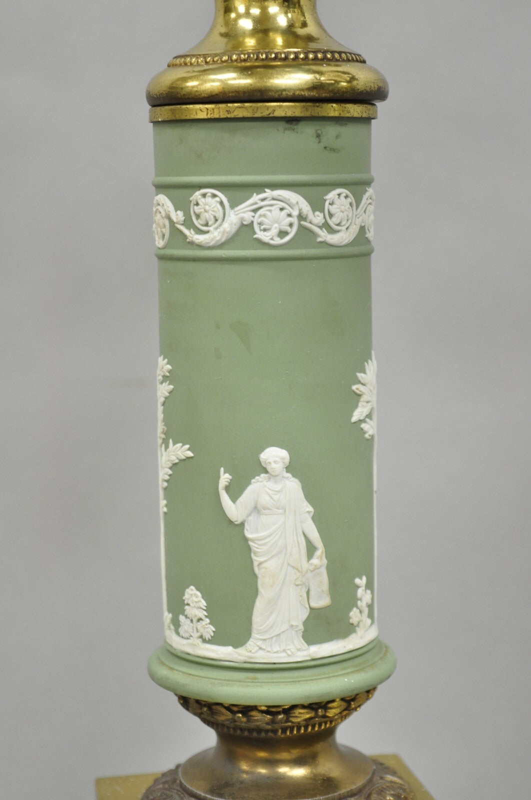 Vintage French Neoclassical Green Jasperware Candelabra Table Lamps - a Pair