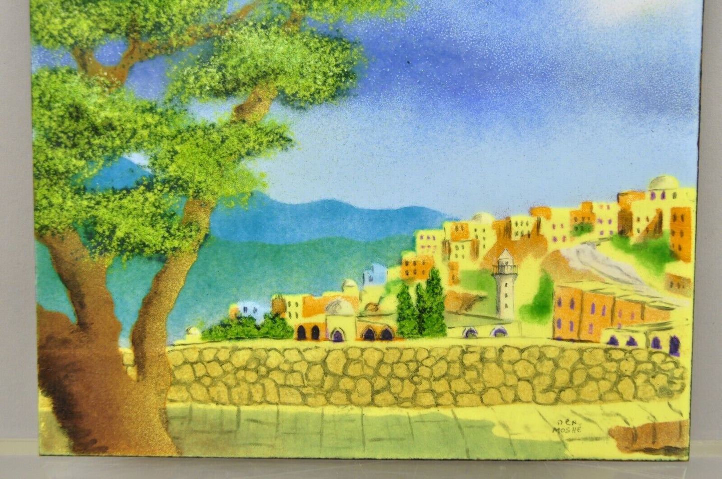 Den Moshe Signed Enamel on Copper Small Painting Yellow Countryside 7 x 8 Art