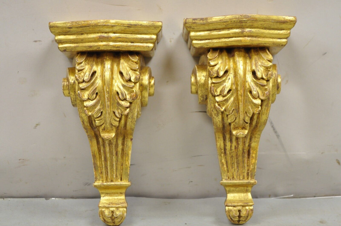 Gold Giltwood French Louis XV Style Wood Acanthus Corbel Small Wall Shelf - Pair