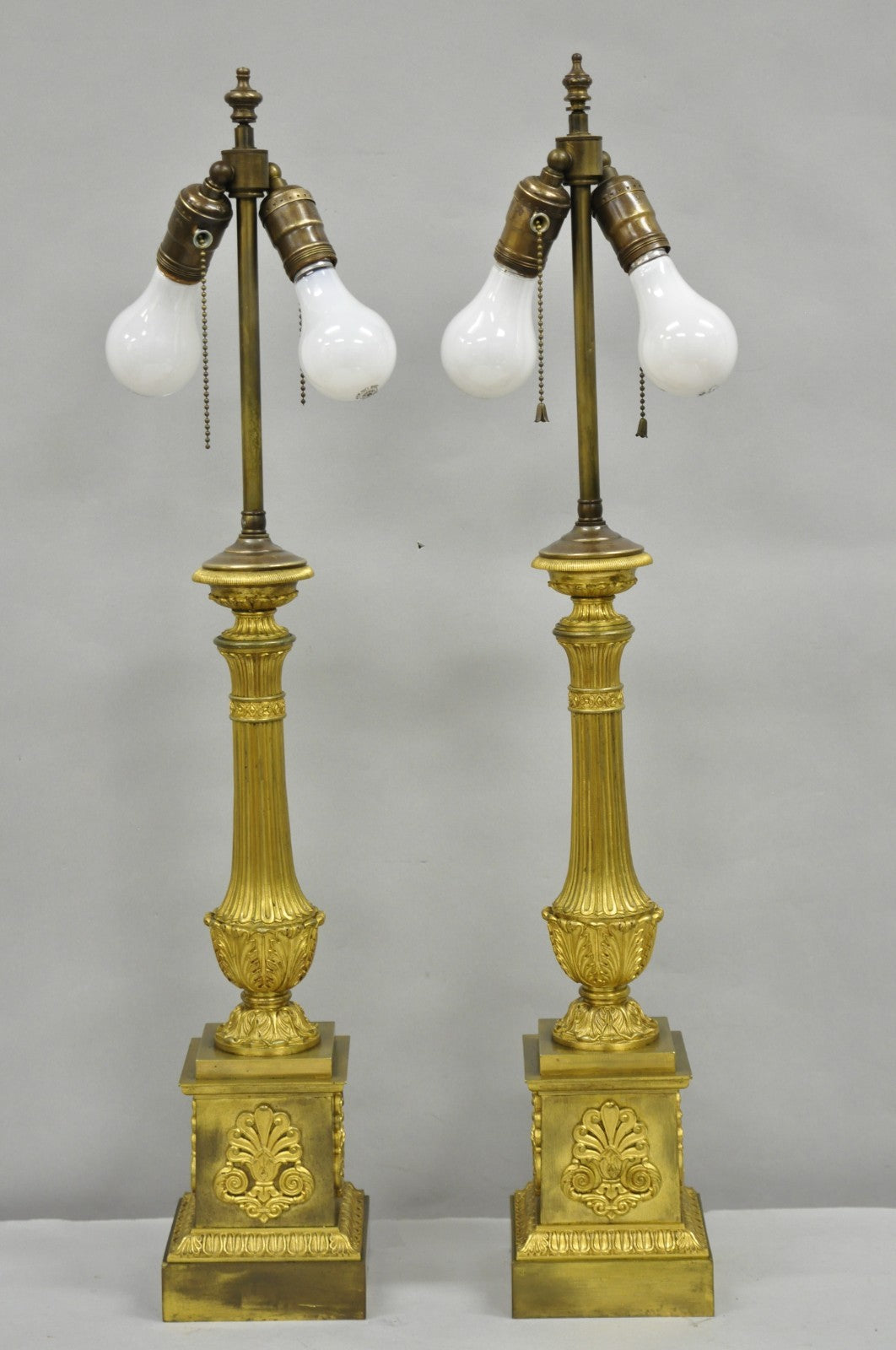 Antique French Empire Neoclassical Bronze Candlestick Column Table Lamps a Pair