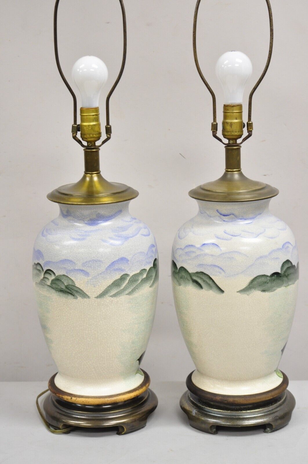 Vintage Chinoiserie Painted Swan Porcelain Ginger Jar Table Lamps - a Pair