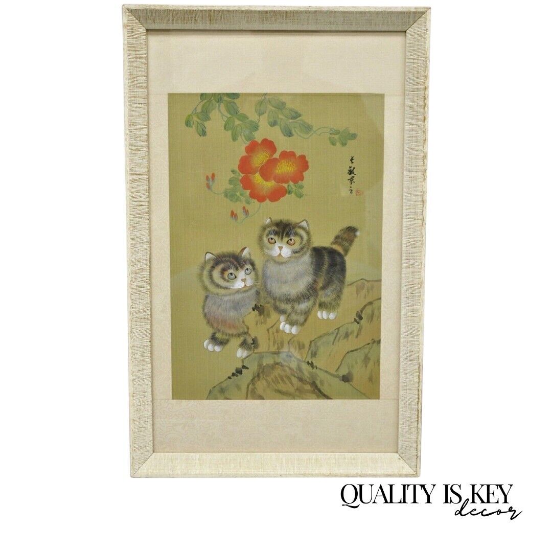 Vintage Chinese Watercolor Silkscreen Framed Painting of Cats and Flowers
