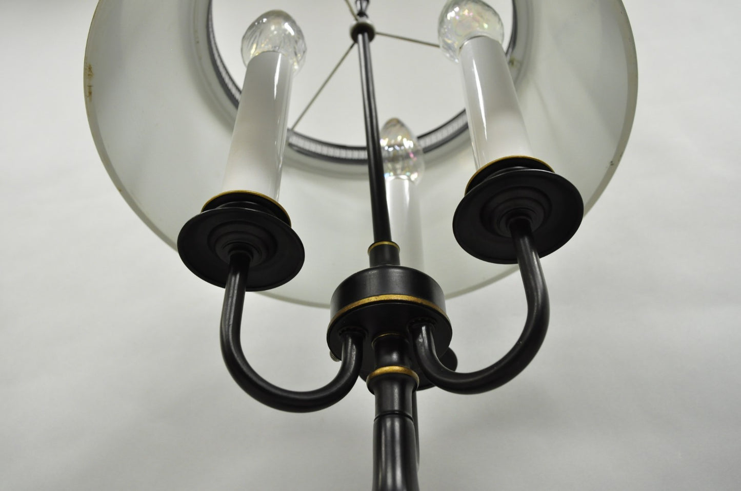 Vintage French Country Black Tole Metal Three Arm Candelabra Table Lamp w/ Shade