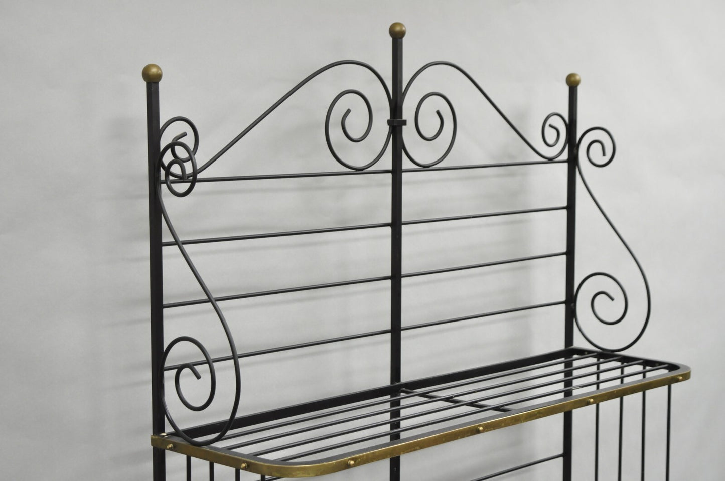 Vintage French Bakers Rack 3 Tier Scrolling Wrought Iron and Brass Etagere
