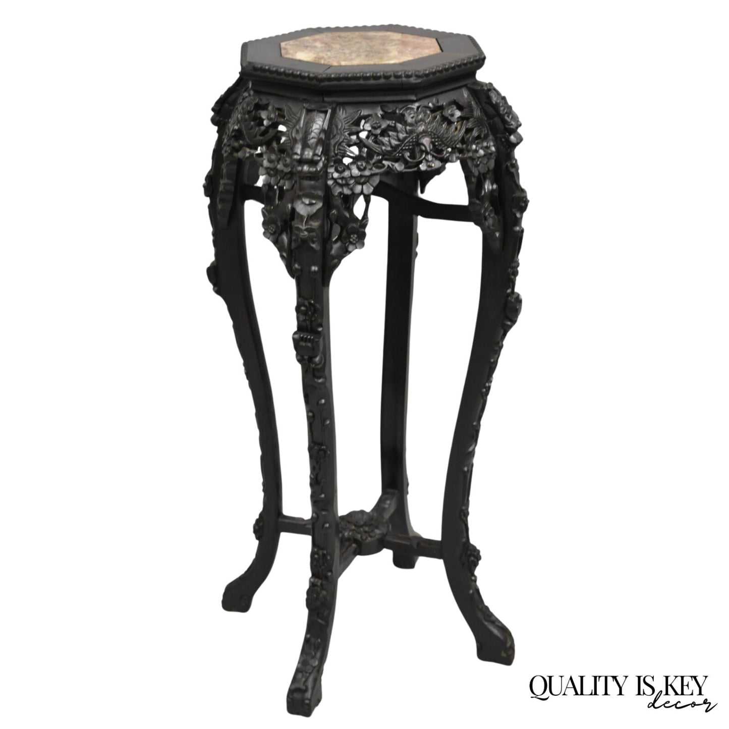 Antique Chinoiserie Chinese Carved Hardwood Marble Top 36" Pedestal Plant Stand