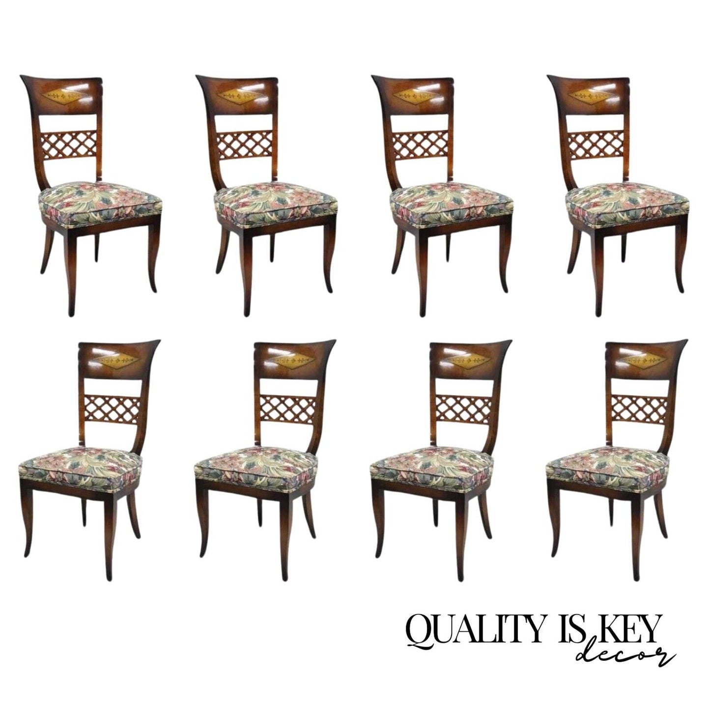 Italian Neoclassical Style High Back Brass Inlay Dining Side Chairs - Set of 8
